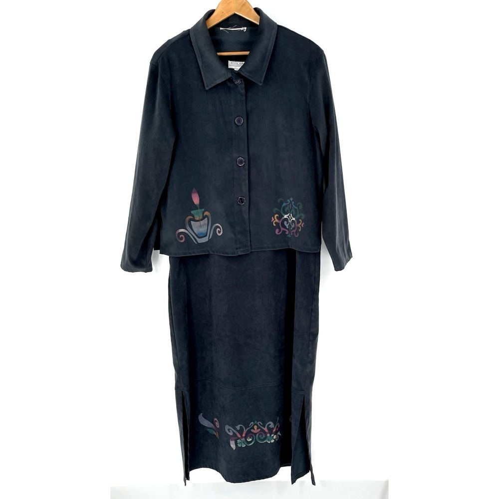 VTG Jessica Howard Womans 14 Maxi Dress Jacket 2 Piece‎ Gray Tribal Zen Lined